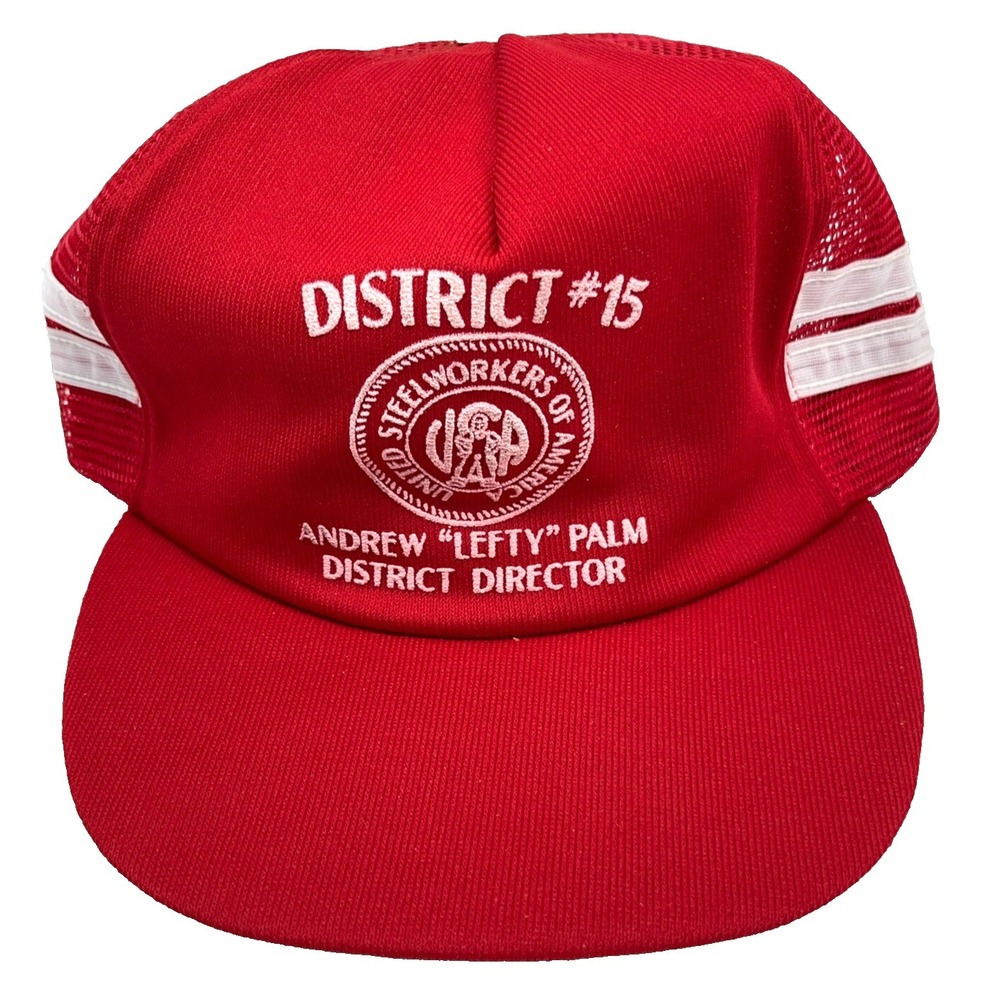 Vintage United Steelworkers Of America Trucker Hat Cap Side Stripe USA Puffy‎ AS
